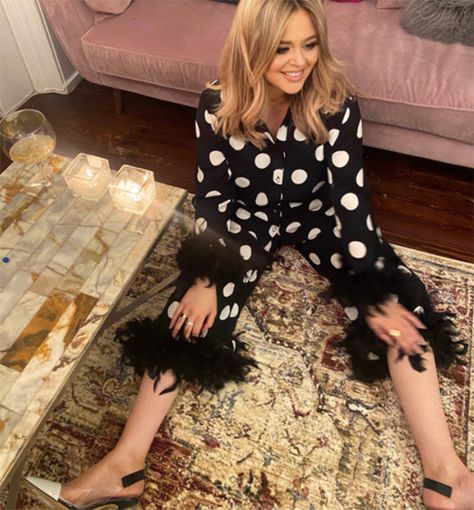 Emily Atack models the River Island feather loungewear PJs that Instagram is obsessed with | HELLO! Feather Pyjamas, Feather Pajamas, Polka Dot Suit, Podcast Aesthetic, Bday Brunch, Georgia Harrison, Emily Atack, Nadine Merabi, Rachel Stevens