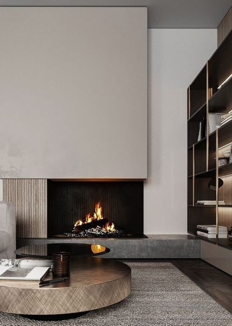 Modern Wooden Fireplace, Floating Chimney Modern Fireplaces, Tall Fireplace Wall High Ceilings Minimalist, Low Linear Fireplace With Tv Above, Contemporary Fireplace Tv Wall, Modern Tall Fireplace, Fireplace Not Centered On Wall, Fireplace Ideas Modern Contemporary, Terrazzo Fireplace