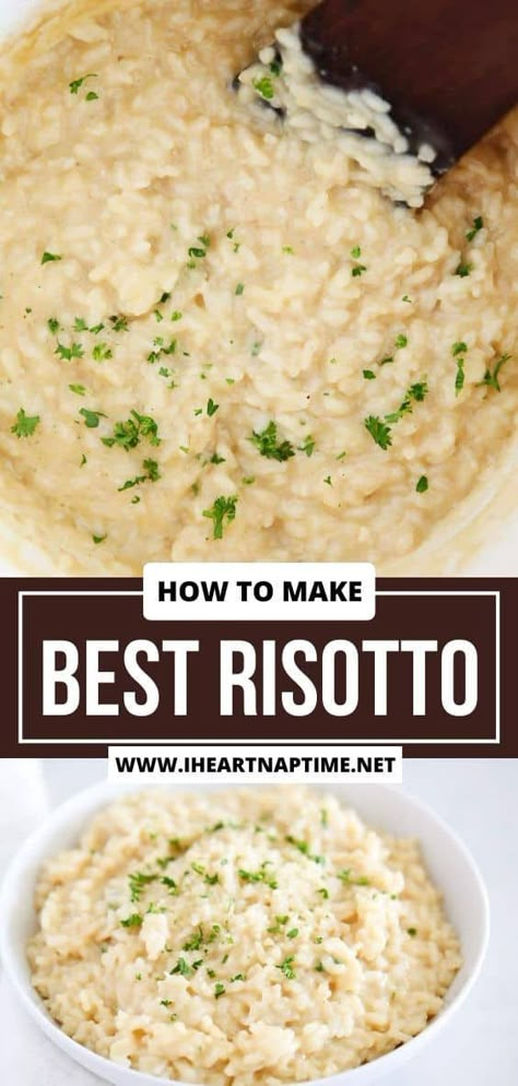 Learn to make rich and creamy restaurant-style risotto with easy steps and simple ingredients. Cooked low and slow in chicken broth, white wine if desired, with tons of Parmesan cheese and butter added for flavor and texture, then topped with fresh herbs. This is the BEST risotto recipe you'll ever need! Risotto Recipes Parmesan, Chicken Risotto Recipe, White Wine Risotto, Spicy Soup Recipes, Risotto Recipes Chicken, Vegetarian Risotto, Easy Risotto, Risotto Recipes Easy, Best Risotto