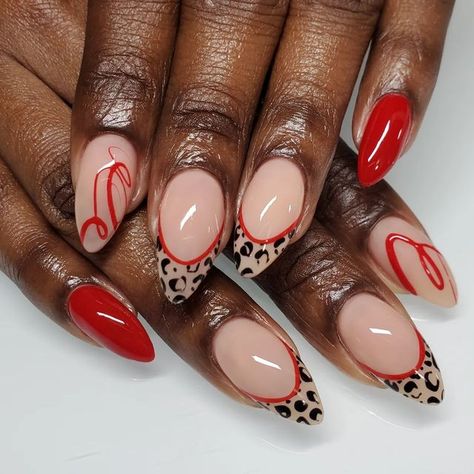 Shellac Nails Designs Summer Ideas, Leopard Toe Nail Designs, November Nails French Tip, Leopard And Red Nails, Lepord Print Nails Design, Fall Nail French Tip Designs, Red And Leopard Print Nails, Red Leopard Print Nails, Print Nails Design