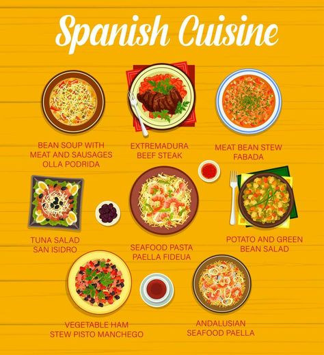 Spanish cuisine menu with restaurant dishes Spanish Menu Project, Spanish Menu, Menu Project, Spanish Restaurant, Seafood Paella, Spanish Cuisine, Restaurant Dishes, Diy Skin Care Recipes, Bean Stew