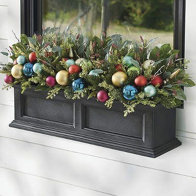 Winter Window Boxes, Christmas Window Boxes, Christmas Urns, All Is Bright, Christmas Planters, Red Ornaments, Navidad Diy, Grandin Road, Christmas Yard