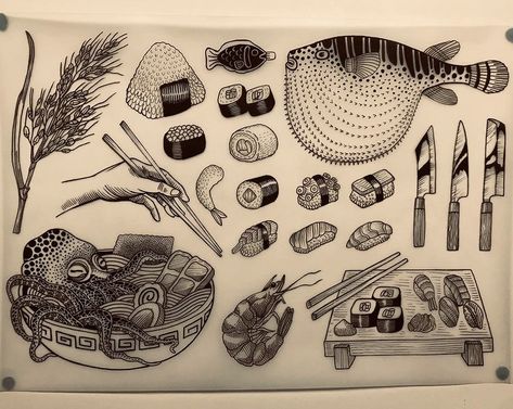 Sushi Flash Tattoo, Japanese Food Art Drawing, Traditional Sushi Tattoo, Food Flash Tattoo, Japanese Flash Art, Japanese Food Tattoo, Sushi Sketch, Honeymoon Tattoo, Sushi Tattoo