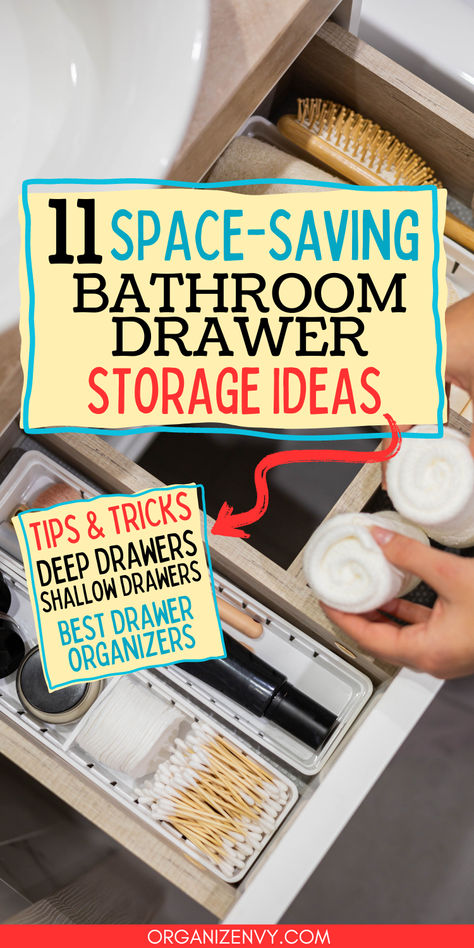 A bathroom drawer with drawer organizers and neatly organized bathroom items Tip Out Drawer Under Sink, Drawer Organizers Bathroom, Narrow Bathroom Drawer Organization, Bathroom Drawer Ideas, Deep Bathroom Drawer Organization, Bathroom Cabinet Storage Ideas, Ways To Organize Bathroom, Organizing Under Bathroom Sink, Organize Bathroom Drawers