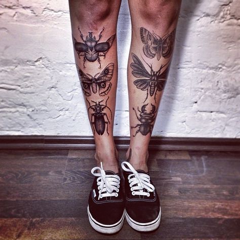 Butterfly Legs, Woman With Tattoos, Beetle Tattoo, Shin Tattoo, Tattoo Schrift, Bug Tattoo, Insect Tattoo, Moth Tattoo