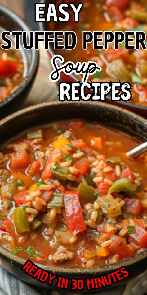 Easy Stuffed Pepper Soup Stuffed Bell Peppers Soup, Green Pepper Soup Recipe, Easy Stuffed Pepper Soup, Stuffed Bell Pepper Soup, Classic Stuffed Peppers Recipe, Classic Stuffed Peppers, Green Pepper Soup, Bell Pepper Soup, Easy Stuffed Peppers