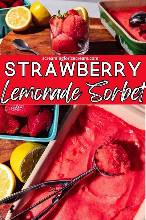 This strawberry and lemon sorbet recipe is made with an ice cream maker, but couldn't be easier to make. Strawberry Lemonade is great for cooling down on hot summer days, but made into a sorbet recipe, it's even better! It's the perfect easy summer recipe for BBQs, pool parties, and so much more! Strawberry Lemonade Sorbet Recipe, Strawberry Lemonade Sorbet, Sorbet Recipes Easy, Lemonade Sorbet, Lemon Sorbet Recipe, Homemade Strawberry Lemonade, Ice Cream Recipes Machine, Sorbet Is, Sorbet Recipe