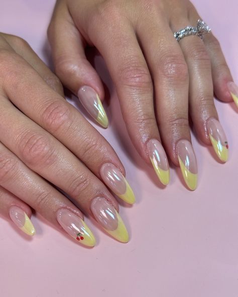 Yellow French with a cherry on top! 🍒 #cjartistry #nailsalon #instanails #naillove #frenchies #chromenails #cherrynails #nailinspiration2024 #trendynails2024 #nailedit #sydneynailtech #sydneynailsalon Yellow French Tip, Yellow French, 2024 Nails, Coral Nails, Cherry Nails, Cherry On Top, French Tip Nails, Chrome Nails, Casual Style Outfits