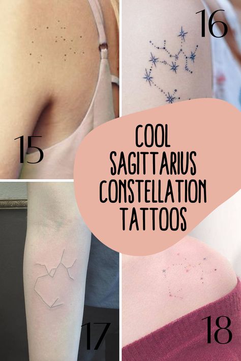 47 Fiery Sagittarius Tattoos Filled With Pride, Courage, + Fury - tattooglee Zodiac Constellation Tattoo Sagittarius, Saggitarius Tattoo Constellation, Saggitarius Constellation Tattoo, Constellation Tattoo Sagittarius, Archer Tattoo Sagittarius, Zodiac Tattoos Sagittarius, Tattoo Ideas Sagittarius, Sagittarius Goddess Tattoo, Ocean Tattoos Sleeve