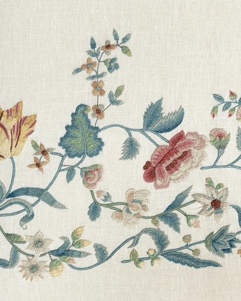 Chelsea Textiles is proud to introduce its newest design, Arcadia. Available as a vine or a sprig with matching border. Taken from an 18th Century English original, Arcadia is an exquisite example of embroidery from this era depicting flora and folia in remarkable detail. #chelseatextiles #arcadia #chelseatextileshandembroidery #handembroidery #ethicallymade #textiles Textile Border, English Embroidery, Chelsea Textiles, Textile Print, Elegant Outfits, Print Inspiration, Bits And Bobs, Textile Prints, Elegant Outfit