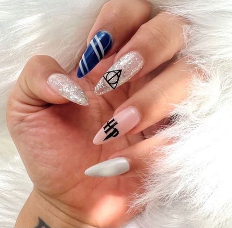 Harry Potter Nails Ravenclaw, Ravenclaw Nails, Harry Potter Nails Designs, Potter Nails, Harry Potter Nail Art, Harry Potter Nails, White Manicure, Harry Potter Wedding, Harry Potter Ravenclaw