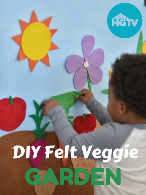 Watch: DIY Felt Veggie Board>> http://www.hgtv.com/videos/diy-felt-veggie-garden-0261909 Felt Board Templates, Diy Felt Board, Veggie Board, Felt Board Patterns, Easy Felt Crafts, Veggie Gardens, Flannel Board Stories, Flannel Boards, Felt Craft Projects