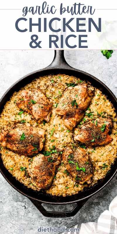 Everyone loves this chicken and rice recipe that’s baked in the oven! Imagine succulent, perfectly seasoned chicken thighs nestled on a bed of garlic-infused, buttery rice. The entire dish comes together in one pan with minimal prep, taking less than 10 minutes to set up. One Pan Garlic Butter Chicken And Rice, Oven Skillet Chicken, Butter Your Biscuit Chicken And Rice, Chicken Thigh And Rice Skillet, Garlic Chicken And Rice Recipes, Cast Iron Skillet Baked Chicken, Boneless Chicken Thigh Meals, Chicken And Rice Pan Recipes, Cast Iron Chicken And Rice