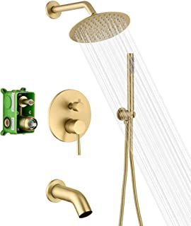 Amazon.com: brushed gold shower fixtures Gold Shower Fixtures, Rain Shower System, Bathroom Shower Faucets, Gold Shower, Shower Fixtures, Brass Shower, Shower Faucet Sets, Tub Spout, Rainfall Shower