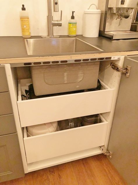 How to install a MAXIMERA drawer under non-IKEA sink. Add more storage under the sink with MAXIMERA drawers. Ikea Sink Kitchen, Ikea Kitchen Drawer Hack, Ikea White Shelves, Under Sink Shelves, Ikea Kitchen Drawers, Ikea Kitchen Sink, Kitchen Drawer Inserts, Ikea Sink, Under Kitchen Sink Storage