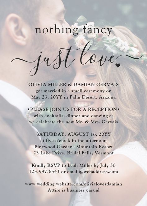 Facebook Wedding Invitation Wording, Wedding Elopement Reception, Wedding Invitations For Second Marriage, Private Wedding Ceremony Invitation, Small Wedding Celebration Ideas, Vow Renewal Elopement Ideas, Commitment Ceremony Invitations, Post Elopement Party Decor, Celebration Of Marriage Party