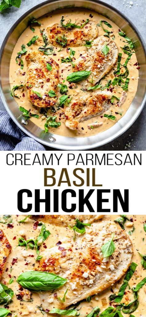 Basil Chicken Recipe, Quick Chicken Breast Recipes, Basil Recipes, One Pan Chicken, Creamy Parmesan, Basil Chicken, Chicken Breast Recipe, Quick Chicken, Chicken Dish