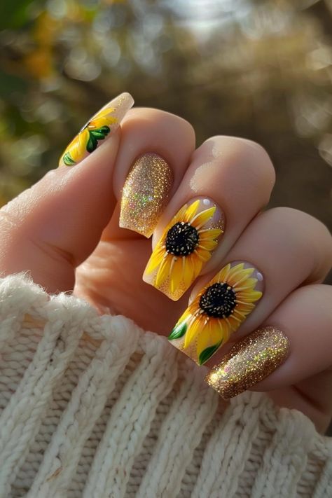 Brighten your day with 25 sunflower nail art designs! Discover vibrant and cheerful styles that bring a touch of sunshine to your manicure. Summer Nails Sunflower Art Designs, Sunflower Inspired Nails, Sunflower Nail Art Designs, Nails Sunflower Design, Sunflower Toe Nails, Summer Nails Sunflower, Sunflower Gel Nails, Summer To Fall Nails, Fall Sunflower Nails