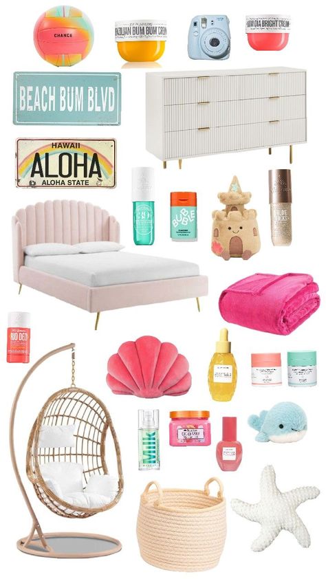 aesthetic trendy summer teen girl pink yellow blue sol de janerio beach Hawaii mood board inspo Pink And Blue Beach Room, Hawaii Room Aesthetic, Pink Beach Room, Aesthetic Summer Room, Teen Beach Room, Girls Beach Theme Bedroom, Summer Teen, Bedroom Beach, Beach Themed Bedroom