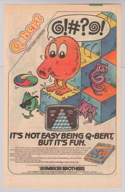 Q-BERT video game '80s PRINT AD Parker Brothers vintage advertisement Qbert 1983   #ArcadeGames #Qbert #1980s Rubicks Cubes, Sal Buscema, Wonder Man, Nostalgic Memories, Feeling Nostalgic, Vintage Video Games, Vintage Videos, Bowling Alley, Conan The Barbarian