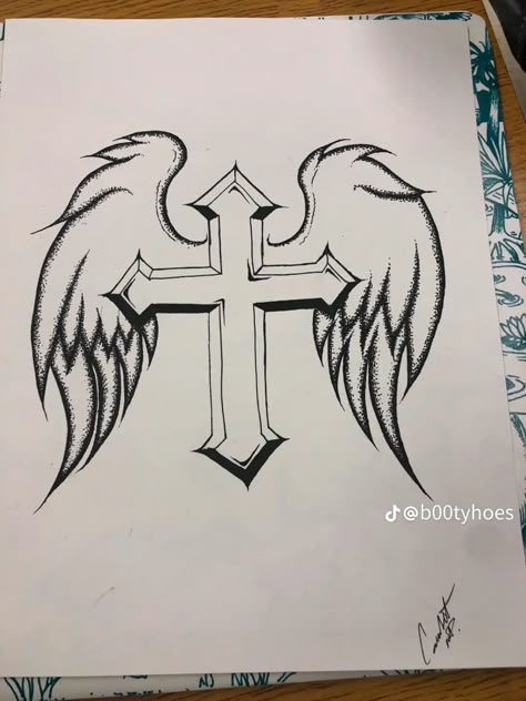 Cross With Wings Drawing, Cool Drawings With Meaning, Trace Pictures Drawing, Angel Drawings Easy, E Drawing, Easy Cool Drawing Ideas, Skulls To Draw, How To Draw Cool Stuff, Chrome Hearts Drawing