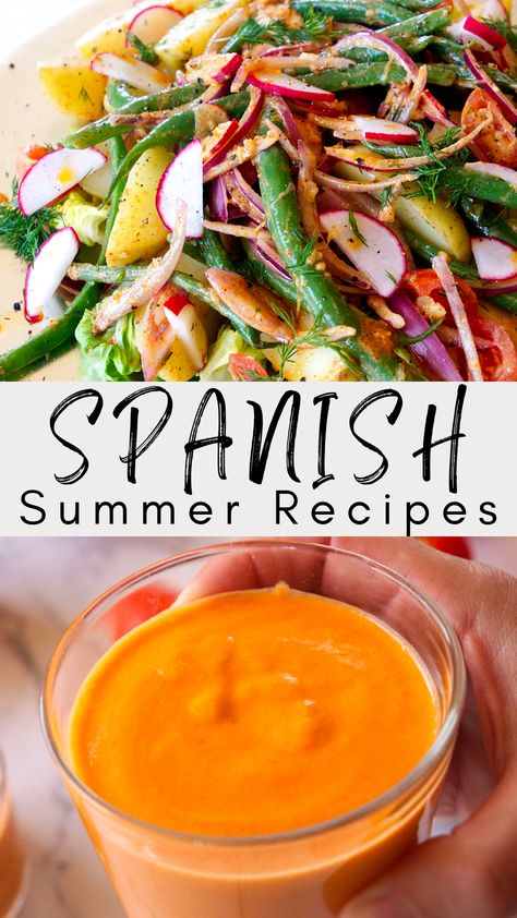 A healthy no mayonnaise salad at the top and a cup of salmorejo at the bottom Spanish Cooking Recipes, Spanish Lunch Ideas, Spanish Dishes Recipes, Spanish Vegetables Side, Spanish Dinner Recipes, Spanish Recipes Authentic, Spanish Salad Recipes, Spanish Salads, Spanish Dinners