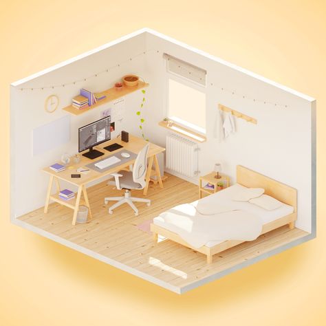 Sketch Room Design, Isometric Rooms, 3d Bedroom, Isometric Room, Mini Bedroom, Home Decor Cozy, Furniture Design Sketches, 3d Room, Simple Bedroom Design