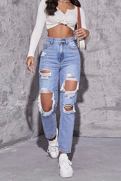 These High Waist Distressed Jeans are only $45 on Amazon right now! Click the link to snag your size before it's gone! Follow our "Summer Outfits" fashion board! Soak up all the beachy and party vibes. We've got everything from casual summer fits, shorts and crop tops to pretty summer dresses. Perfect for the beach, pool party, BBQ, or just lounging. Whether you're planning your summer vacay outfits or just want to embrace that summer aesthetic. Start creating your own Summerfits. #affiliate Above The Knee Shorts, Women's Denim Jeans, Mid Waist Pants, Jeans Claro, Denim Jeans Fashion, Distressed Mom Jeans, Estilo Denim, Streetwear Mode, Middle Age Fashion