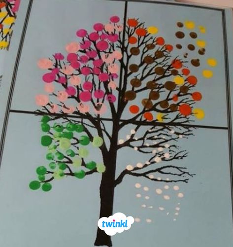 We love this finger painting idea. Children, and adults as a mindfulness activity, can use their fingers to paint the changing leaves on a tree as it passes through the seasons. This is such a clever and colourful way to learn about the topic. Sign up to Twinkl to discover thousands more teaching ideas.   #fingerpainting #seasonal #seasons #tree #nature #art #paint #changes #autumn #winter #spring #summer #twinkl #twinklresources #teacher #parents #mindfulness #painting Seasons Art Grade 1, Preschool Calendar Craft, Seasons Project For Preschool, Tree Seasons Craft, Four Seasons Crafts Preschool, 4 Seasons Craft Preschool, Seasons Art Preschool, Changing Seasons Art, 4 Seasons Preschool