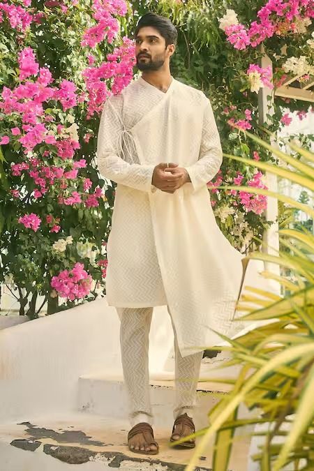 Buy Off White Chanderi Chevron Pattern Angarkha Style Kurta Set For Men by NAFS Online at Aza Fashions. Angarkha Men, Groom Trends, Jatin Malik, India Fashion Men, Indian Wedding Clothes For Men, Asymmetric Kurta, Wedding Outfits For Groom, Gents Kurta, Indian Wedding Outfit