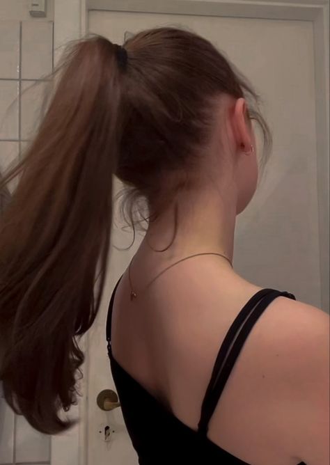 High Ponytail Brown Hair, Brunette Hair Ponytail, Brunette Ponytail Aesthetic, High Ponytail Brunette, Brown Ponytail Aesthetic, Ponytail Aesthetic Faceless, Long Brown Ponytail, Brown Hair Ponytail Aesthetic, Long Brown Hair Ponytail