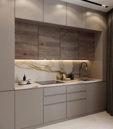 Wooden Marble Kitchen, Beige And Walnut Kitchen, Kitchen Ideas Modern Wood, Kashmir Kitchen, Straight Kitchen Design, Kichen Desine Idea Modern, Grey Wood Kitchen, Kichen Desine, Cappuccino Kitchen