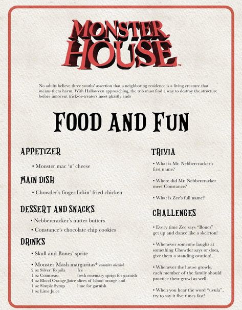 Monster House Dinner And Movie, Horror Movie And Dinner Theme, Halloween Movie Food Ideas, Halloween Movie And Dinner Theme, Halloween Themed Dinner And Movie, Dinner And A Movie Halloween, Halloween Dinner Movie Night, Movie Themed Dinner Ideas Halloween, Halloweentown Dinner And Movie