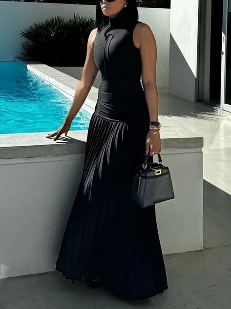 Fashion Elegant Style Best Sellers Online Shopping Page 7 | stylewe How To Fold Sleeves, Women Bodycon Dress, Leisure Fashion, High Neck Sleeveless, Solid Color Dress, Black Evening Dresses, Pleated Maxi Dress, Maxi Dress Evening, Evening Dresses Elegant