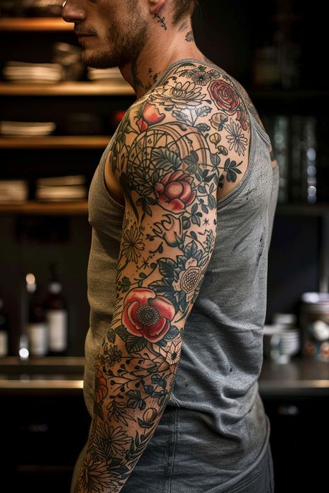 Man with a fully tattooed arm in a kitchen setting. Traditional Tattoo Sleeve Mens, Badass Sleeve Tattoos, Black And Grey Realism, Sleeve Tattoos For Men, Sleeve Tattoo Ideas, Traditional Tattoo Sleeve, Half Sleeve Tattoos For Guys, Polynesian Designs, Tattoo Ideas For Men