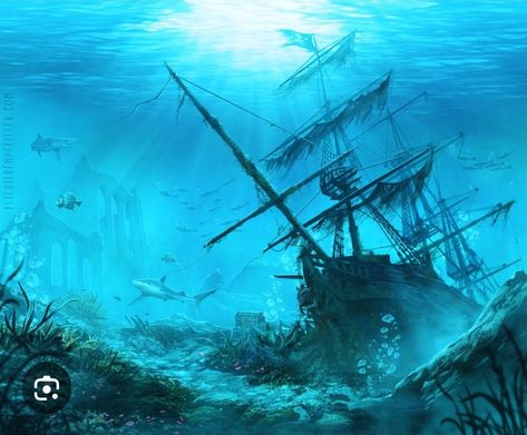 Sunken Ship Art, Shipwreck Silhouette, Shipwreck Art, Aesthetic Underwater, Haunted Pirate Ship, Boat Underwater, Underwater Shipwreck, Pirate Ship Tattoos, Underwater Drawing