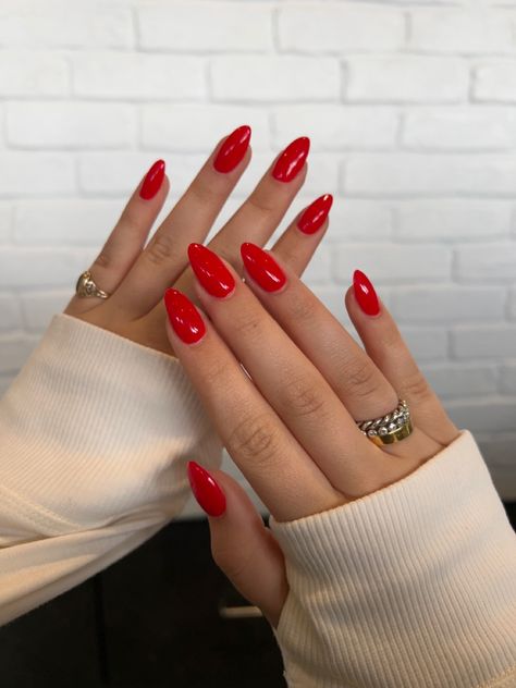 Bright Red Nails Christmas, Red Nails Blonde Hair, Bright Cherry Red Nails, Red Nails Bright, Bright Red Christmas Nails, Red Ferrari Nails, Bright Red Almond Nails, Candy Red Nails, Hot Red Nails Design