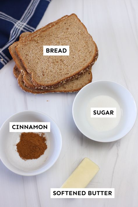 Labeled ingredients for cinnamon toast. Cinnamon Toast Recipe Easy, Cinnamon And Sugar Toast, How To Make Cinnamon Toast, Homemade Cinnamon Toast, Cinnamon Toast Recipe, Cinnamon Sugar Toast, Bread Soft, Toast In The Oven, Cinnamon Toast