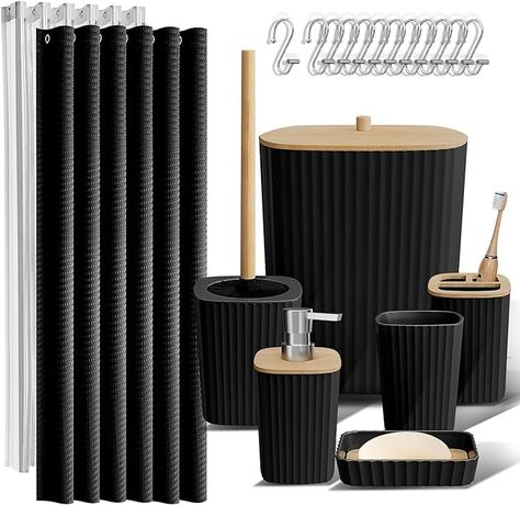 Black Bathroom Accessories Set: Incorporate black bathroom decor with our coordinated bathroom accessory set for bathroom organization. Our black bathroom set with natural bamboo accents create a stylish haven. Black Bathroom Sets, Bamboo Bathroom Accessories, Blue Bathroom Rugs, Black Bathroom Accessories Set, Bathroom Vanity Accessories, Black Bathroom Decor, Black Shower Curtains, Bathroom Accessories Set, Toilet Brushes And Holders