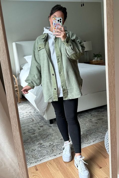 Shacket, fall fashion, fall outfit, casual fall outfit Rust Shacket Outfit, Shacket Outfit Leggings, Olive Shacket Outfit, Fall Leggings Outfit For Work, Green Shacket Outfit, Oversized Shacket Outfit, Shacket Outfits, Lazy Fall Outfits, Green Shacket