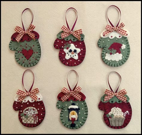 Six simply adorable little ornaments!  A perfect addition to any Christmas Tree! Each one measures approximately 2 3/4 inches and can be made using wool felt or wool. Stitch up a bunch and give as fun little gifts, or keep them all for yourself! Kits (with the pattern included) are available here... https://www.etsy.com/listing/1784490090/merry-mittens-wool-felt-ornament-kit This is an e-pattern and not a paper pattern! As soon as payment is received, your pattern will be available for downloadi Wool Ornaments Christmas, Felt Christmas Ornaments Patterns Free, Applique Christmas Ornaments, Christmas Handicrafts, Things To Sell On Etsy, Felt Mittens, Wool Ornaments, Sew Christmas, Applique Christmas