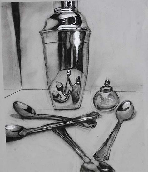 A study of drawing reflective metal objects Reflective Drawing, Metallic Drawing, Still Life Pencil Shading, Reflective Objects, Reflection Drawing, High School Art Teacher, Ks3 Art, Steel Drawing, Tone Paper