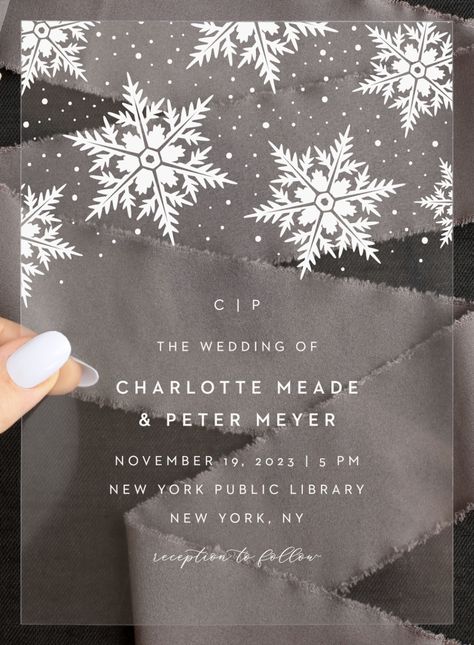 Share your wedding information in wintery wonder with our Stunning Snowflakes Clear Wedding Invitations. Winter Themed Wedding Invitations, Snowflake Wedding Invitations, Winter Wedding Themes Wonderland, Frosted Acrylic Wedding Invitation, Winter Wedding Save The Date, December Wedding Invitations, Blue Christmas Wedding, Snowflake Wedding Dress, Winter Wedding Invitations Snowflake