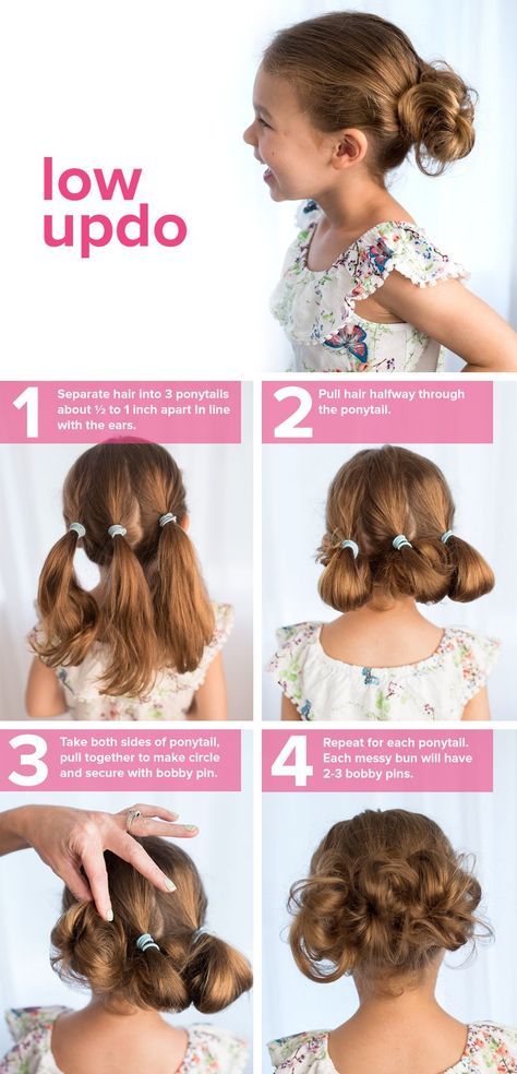 Follow this easy tutorial for a kid's hairstyle that’s perfect for school. This low updo can be created on long or short hair. Girls School Hairstyles, Easy Hairstyles For Kids, Low Updo, Girl Hair Dos, Kadeřnické Trendy, Easy Updo, Vlasové Trendy, Back To School Hairstyles, 짧은 머리