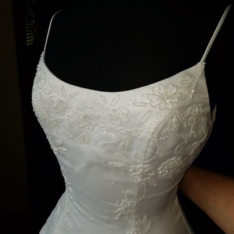 Gorgeous White Gown. Full A Line Skirt. Attached Train. Organza Layer Over Satin Gown. Crystal Beadwork Flowers. Spaghetti Straps. Worn For Fashion Show Only. Absolutely Gorgeous On And Great For A Summer Wedding. U Neckline Wedding Dress, Satin Boho Wedding Dress, Satin Wedding Dress With Beading, White Vintage Prom Dress, Sleek A Line Wedding Dress, Medium Size Wedding Dresses, Best Wedding Dress For Hourglass Shape, Vintage Beaded Wedding Dress, Wedding Dresses Slim Fit