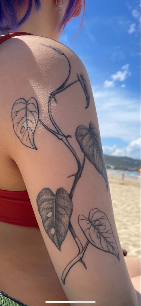 Shaded Vine Tattoo, Monsters Leaves Tattoo, Philodendron Plant Tattoo, Plant Tattoo Monstera, Monstra Plant Tattoo, Different Tattoo Shading Styles, Large Vine Tattoo, Monstera Obliqua Tattoo, Monstera And Fern Tattoo