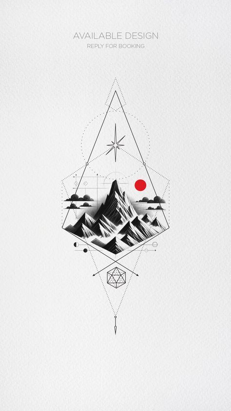 Intricate geometric fineline tattoo featuring majestic mountains and celestial elements with a Red Dot symbolizing the sun, crafted by @gentl.john for 1MM Studio. Mountain Stars Tattoo, Geometric Mountain Tattoo, Celestial Symbols, Celestial Elements, Fineline Tattoo, Mountain Tattoo, Majestic Mountains, Custom Tattoo Design, Star Tattoos