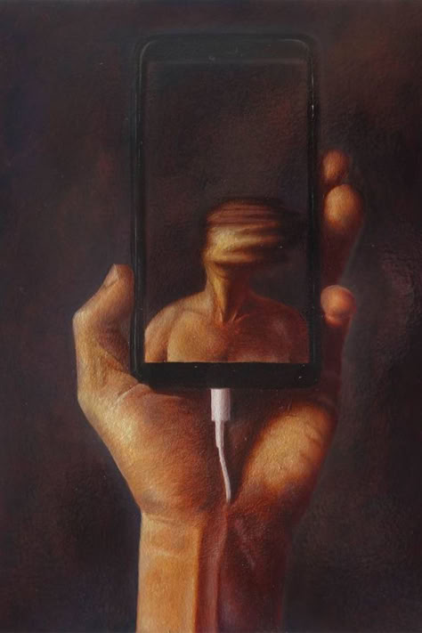 A rich-toned surreal artwork of a person holding their phone. A blurred face is seen reflected in the front-facing camera. Paintings About Loneliness, Satire Art, Waiting Painting, Guy Painting, Baroque Artworks, Art Contrast, Low Key Lighting, Men Painting, Moody Painting