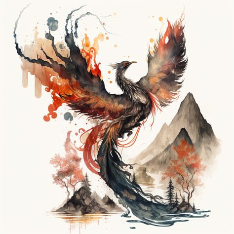 Phoenix Tattoo Fire, Crane Bird Drawing, Watercolor Phoenix Tattoo, Tattoo Fire, Tattoo Crane, Drawing Japanese, Japanese Phoenix Tattoo, Rising Phoenix Tattoo, Phoenix Drawing