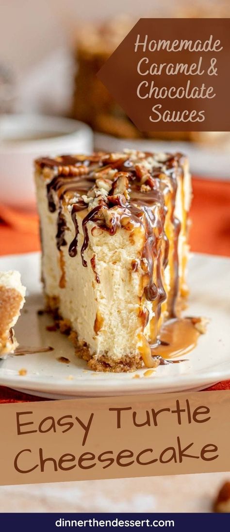 Turtle Cheesecake is a decadent creamy cheesecake recipe layered with homemade chocolate ganache, caramel sauce and chopped pecans! Turtle Topping For Cheesecake, Cheesecake With Caramel Topping, Caramel Chocolate Cheesecake Recipes, Easy Baked Cheesecake Recipes Simple, No Bake Caramel Pecan Cheesecake, Mini Turtle Cheesecake Recipe, Chocolate Caramel Cheesecake Recipe, Decadent Cheesecake Recipes, Cheesecake Recipes Turtle